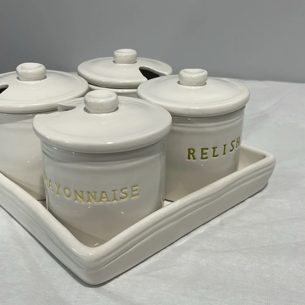 Williams-Sonoma BBQ Condiment Jar Set Ketchup Mustard Relish Mayo With Tray
